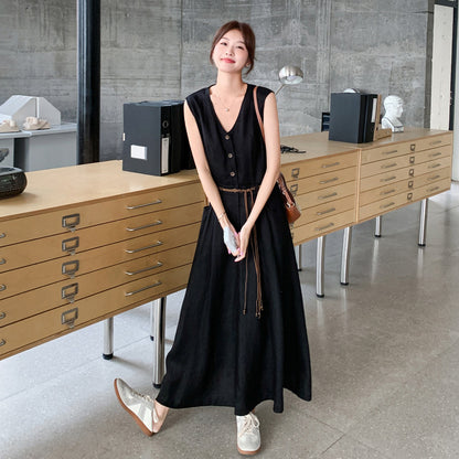 【ワンピース】 上品Vネック ノースリーブワンピース レディース 夏 フレンチ風 大人っぽ 高級感 ウエストマーク細見え ロング丈ドレス【JZシリーズ】