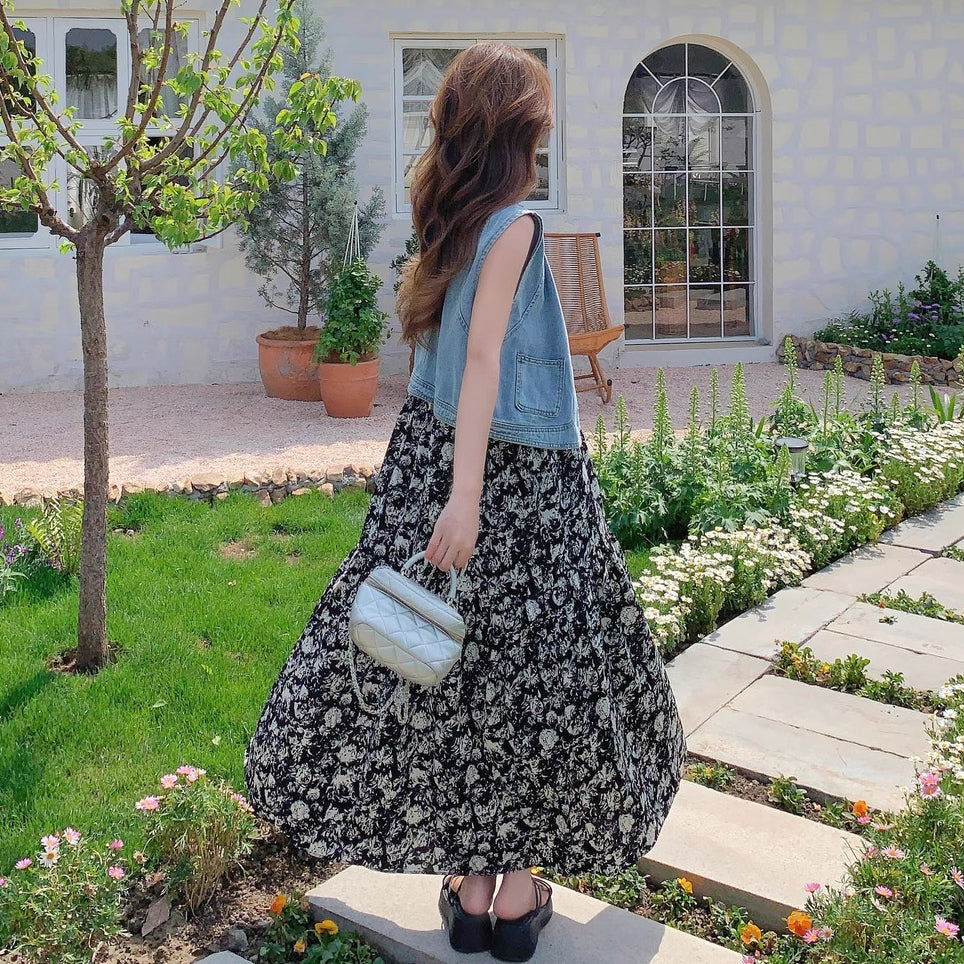 2点セット！【セットアップ】爽やか塩系コーデ◎デニムベスト＋花柄ノースリーブワンピースセット 韓国風リゾートスタイル【SHシリーズ】