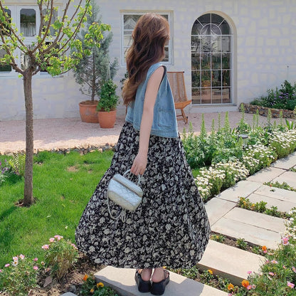 2点セット！【セットアップ】爽やか塩系コーデ◎デニムベスト＋花柄ノースリーブワンピースセット 韓国風リゾートスタイル【SHシリーズ】