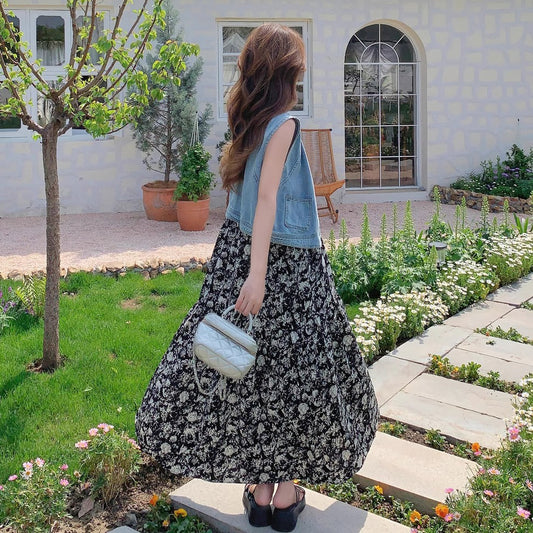 2点セット！【セットアップ】爽やか塩系コーデ◎デニムベスト＋花柄ノースリーブワンピースセット 韓国風リゾートスタイル【SHシリーズ】