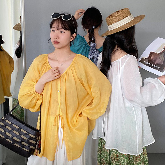 【トップス】UV対策 前後2WAY  ラミー100% 長袖バルーンスリーブシャツ レディース 26夏新作 軽やかトップス【JZシリーズ】