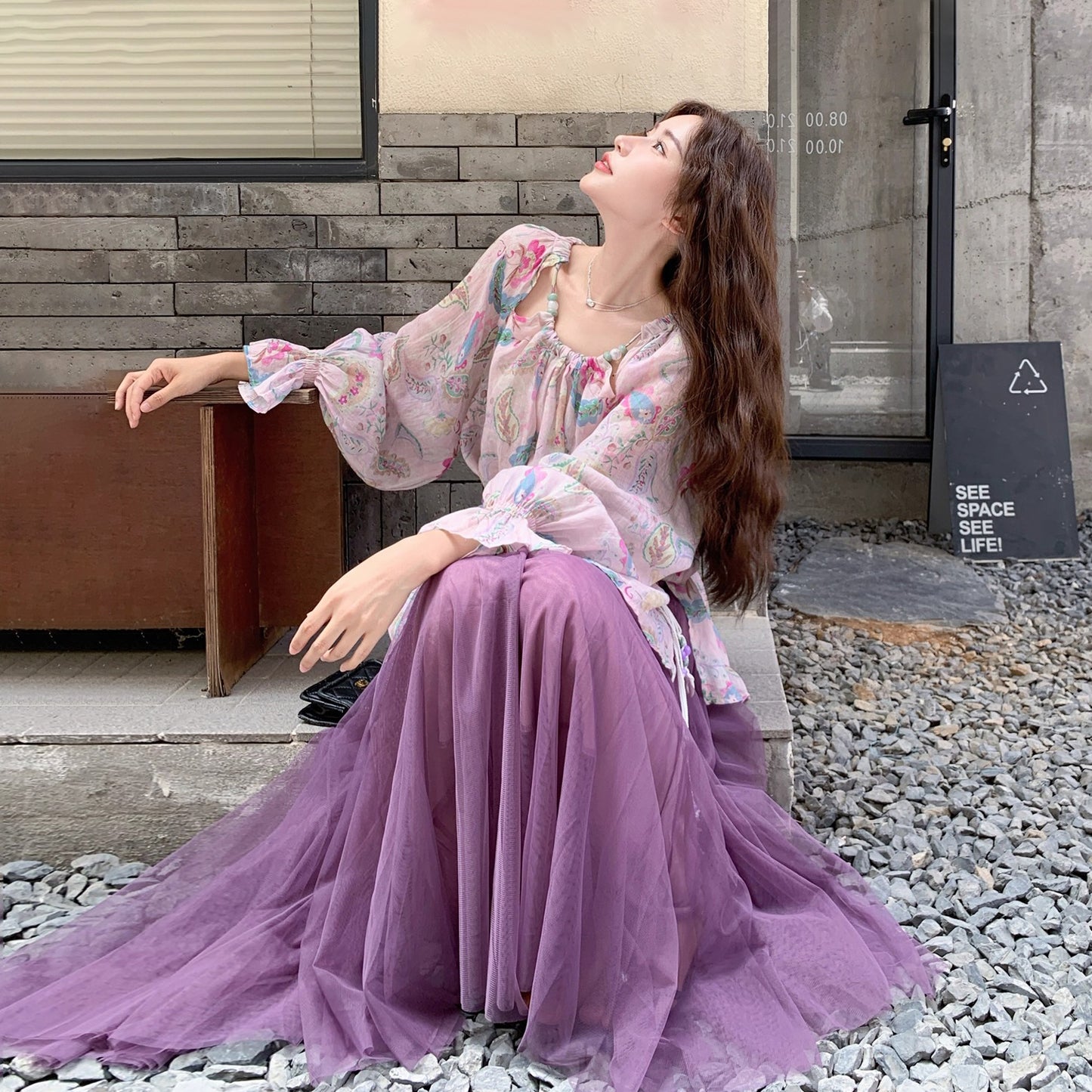 2点セット！【セットアップ】花柄 UVカットシースルーカーディガン＋チュールスカート 上下セット 春秋 フレンチロマンティック 超映え【SHシリーズ】