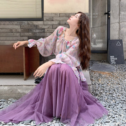 2点セット！【セットアップ】花柄 UVカットシースルーカーディガン＋チュールスカート 上下セット 春秋 フレンチロマンティック 超映え【SHシリーズ】