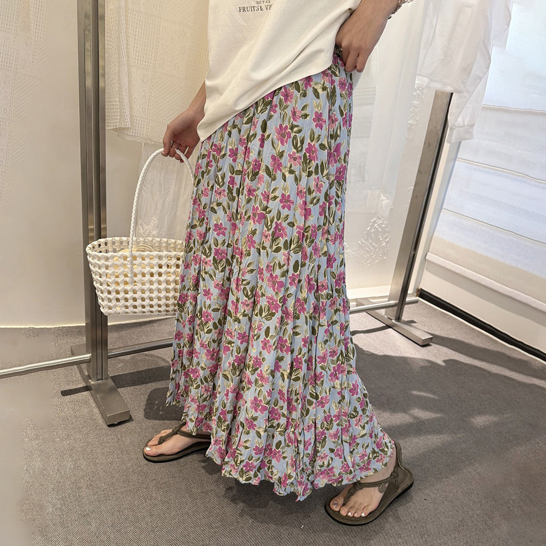【ボトムス】春夏新作 気質 ゴムウエスト リゾート風 プリーツフラワー柄 スカート【SHシリーズ】