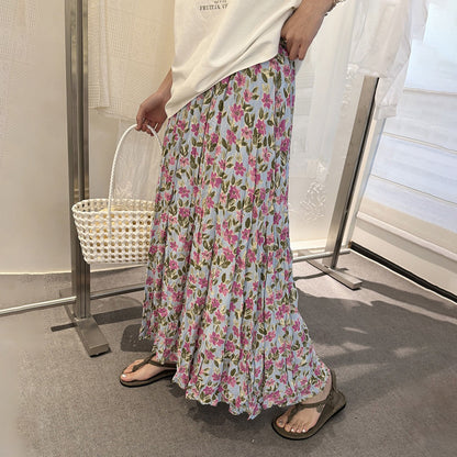 【ボトムス】春夏新作 気質 ゴムウエスト リゾート風 プリーツフラワー柄 スカート【SHシリーズ】