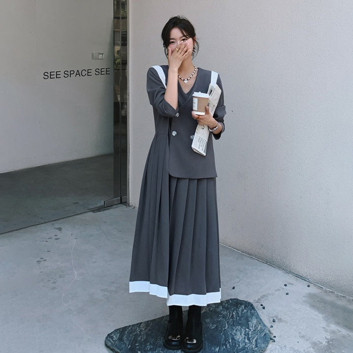 【ワンピース】配色 長袖ワンピース レディース 春秋 細見え 気質 スーツ風プリーツワンピース【JZシリーズ】