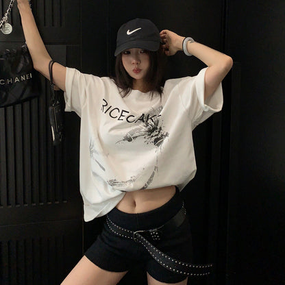 【トップス】Tシャツ レディース コットン100% プリントデザイン オーバーサイズ クルーネック 半袖 カジュアル【FCシリーズ】
