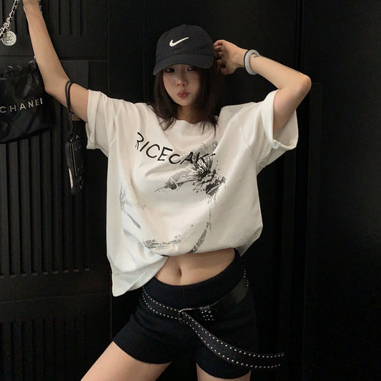 【トップス】Tシャツ レディース コットン100% プリントデザイン オーバーサイズ クルーネック 半袖 カジュアル【FCシリーズ】