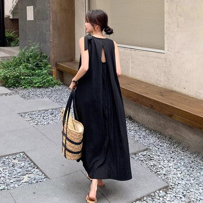 【ワンピース】バックオープン ドットワンピース 夏 ヘップバーン風 ユニークデザイン ノースリーブワンピース【SHシリーズ】