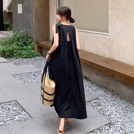 【ワンピース】バックオープン ドットワンピース 夏 ヘップバーン風 ユニークデザイン ノースリーブワンピース【SHシリーズ】