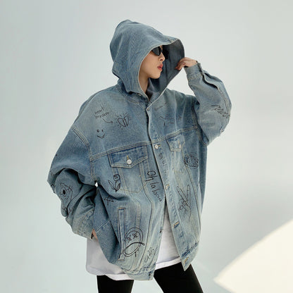 【アウター】春秋 アメリカン 小洒落 ヘビーウェイト カップルジャケット ゆったり レトロデザイン グラフィティ フード付きデニムジャケット【FCシリーズ】