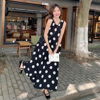 【ワンピース】韓国風 レトロ ドット柄 ノースリーブ ワンピース 夏 カジュアル 着痩せ 上品 ロング丈【SHシリーズ】
