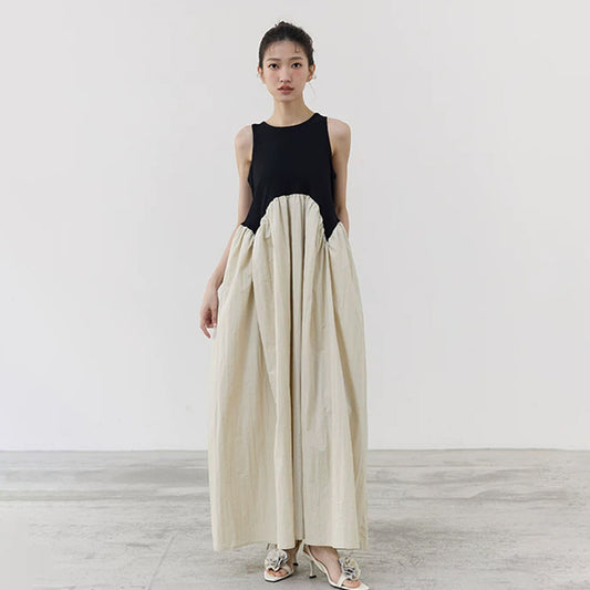 【ワンピース】レトロデザイン バイカラー アシンメトリー ノースリーブワンピース レディース 夏 キャミソール ロングドレス【SHシリーズ】