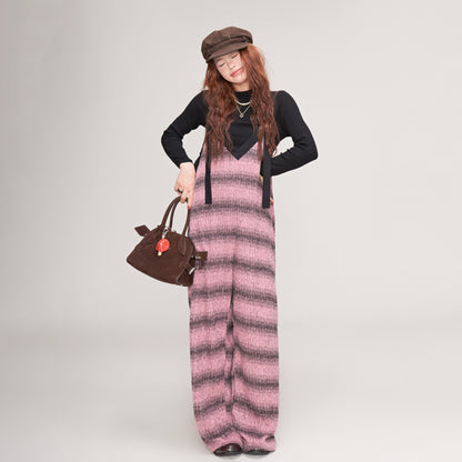 【ボトムス】秋冬 ゆったりVネック ニットサロペット グラデーション ワイドパンツ レディース オールインワン【SHシリーズ】