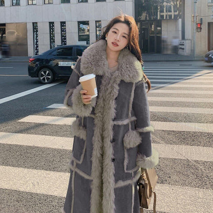 【アウター】フェイクファー シープボアコート 冬用 裏起毛 ムートンデザイン ロング 綿入れコート【JZシリーズ】