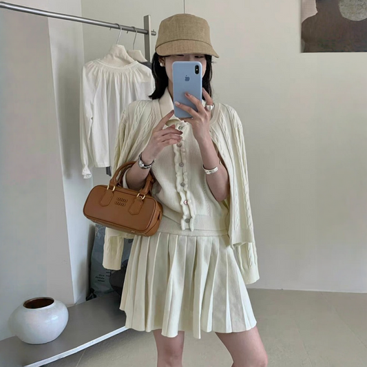 【セットアップ】春 秋 冬 ニット ベスト + ジャケット + プリーツ スカート 3点上下セット 【JZシリーズ】