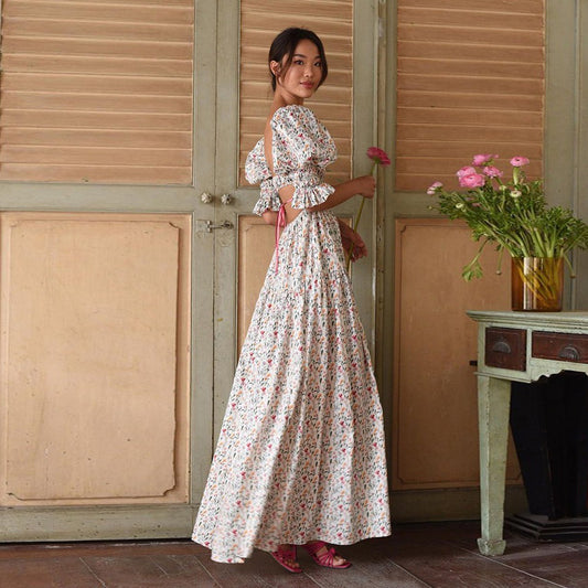 【ワンピース】セクシー 半袖ワンピース｜小花柄 リゾートドレス 旅行 撮影用 2026新作｜海辺 ビーチ 映え ロング丈【SHシリーズ】