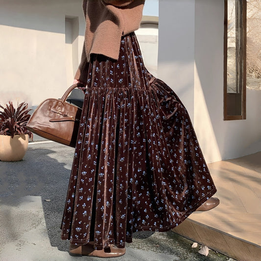 【ボトムス】ヴィンテージ調 ベロア花柄 ハイウエスト 垂れ感 Aラインティアードスカート 秋冬新作 🌹【SHシリーズ】