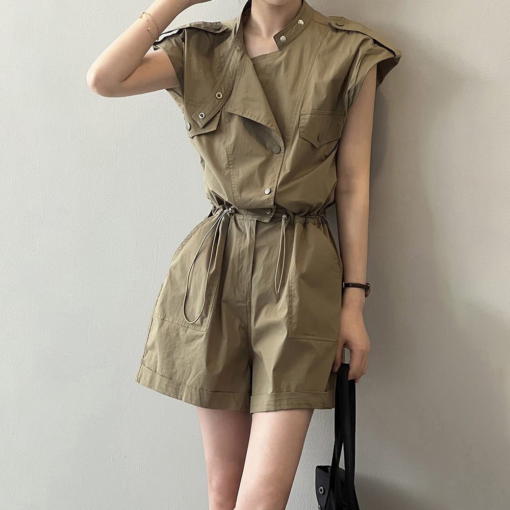 【ボトムス】ハイウエスト 夏 ワーク風 オールインワン  スタンドカラー フリルスリーブ シャツ風 ショート丈ジャンプスーツ【JZシリーズ】