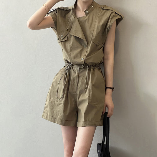 【ボトムス】ハイウエスト 夏 ワーク風 オールインワン  スタンドカラー フリルスリーブ シャツ風 ショート丈ジャンプスーツ【JZシリーズ】