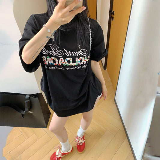 【トップス】夏 ゆる感 ビジュー付き 半袖 Ｔシャツ 【FCシリーズ】