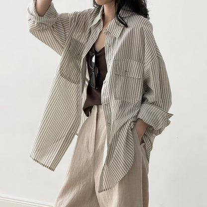 【トップス】カジュアル ヴィンテージ 夏 ゆったり 日焼け防止 ラフなストライプ 長袖シャツ【JZシリーズ】