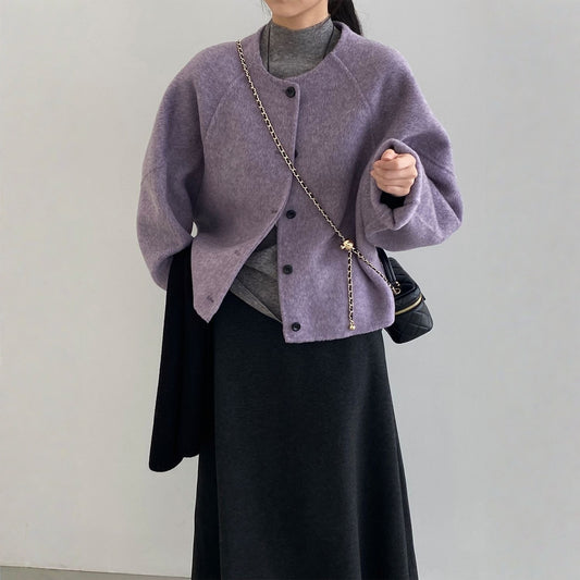 【アウター】春 秋 冬 ウール アルパカ ショート丈 ゆったり ラウンドネック ジャケット 【JZシリーズ】