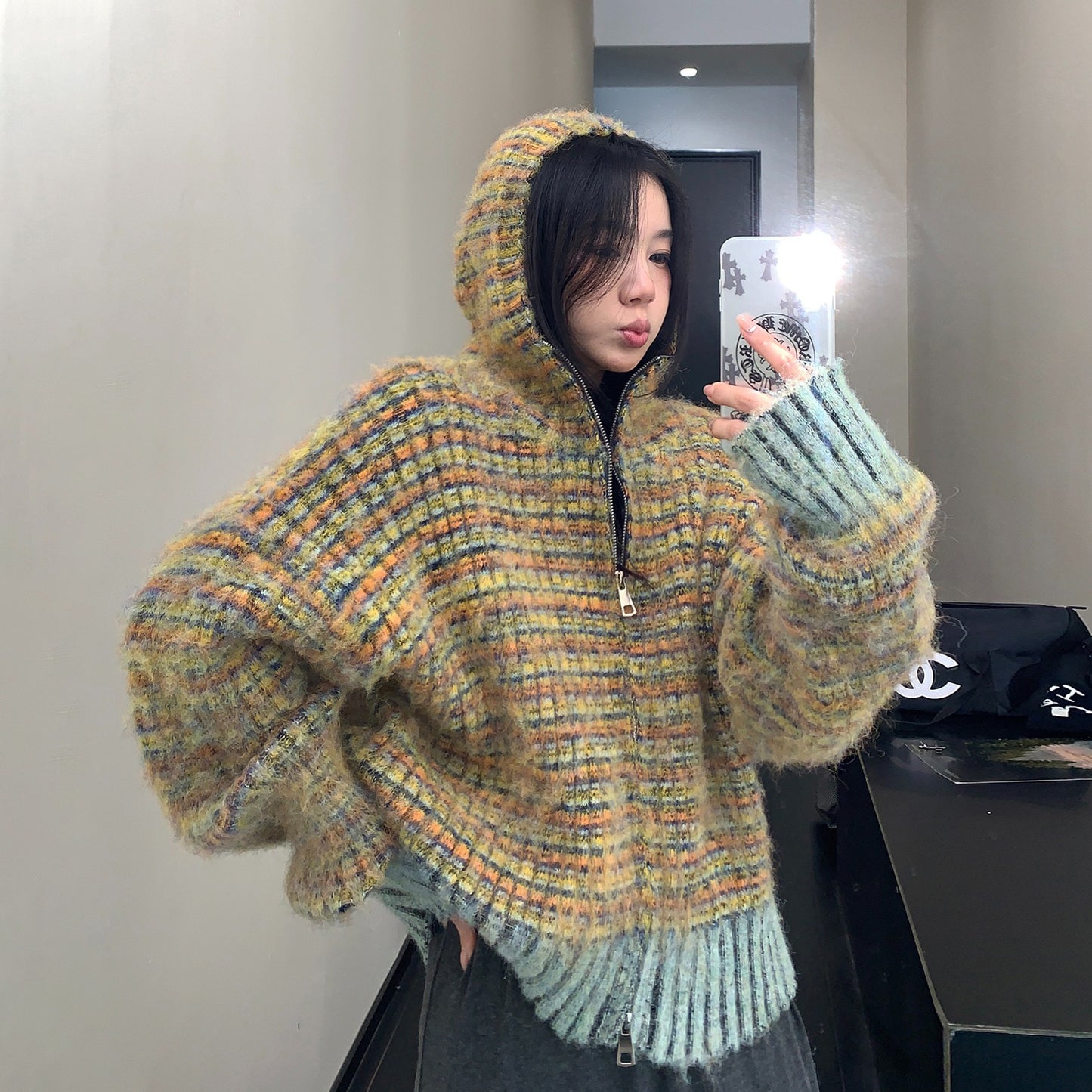 【トップス】🧸 レトロボーダーショートニットパーカー レディース 冬新作 小洒落感たっぷりの厚手カーデ【FCシリーズ】