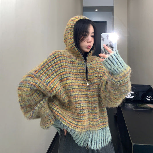 【トップス】🧸 レトロボーダーショートニットパーカー レディース 冬新作 小洒落感たっぷりの厚手カーデ【FCシリーズ】