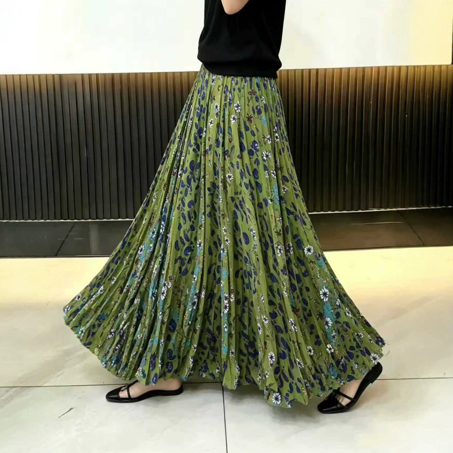 花卉百褶半身裙｜高腰A字復古藝術風長裙【SH系列】