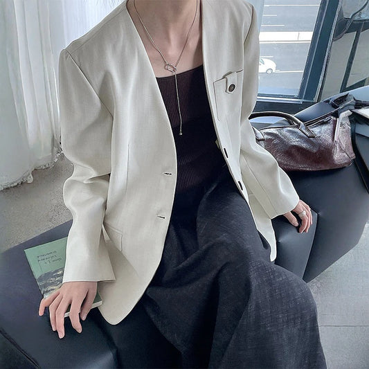 【アウター】春 秋 韓国風 ノーカラー ナチュラルショルダー スーツジャケット 【JZシリーズ】
