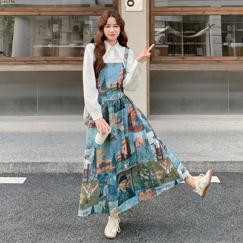 【セットアップ】学院風シャツ＋花柄ノースリーブワンピース レディース 春秋2025新作 人気 高級感 ワンピース【SHシリーズ】