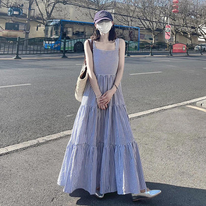 【ワンピース】ストライプ柄 ノースリーブ ワンピース 夏 フレンチ風 キャミソール ゆったり カジュアル ビーチ バカンス【SHシリーズ】