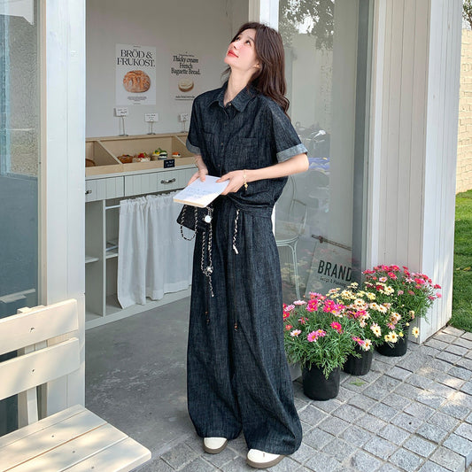 2点セット！【セットアップ】韓国風 ヴィンテージデニム シャツ＋ワイドパンツ 上下セット ゆったり リラックス感 カジュアル【JZシリーズ】