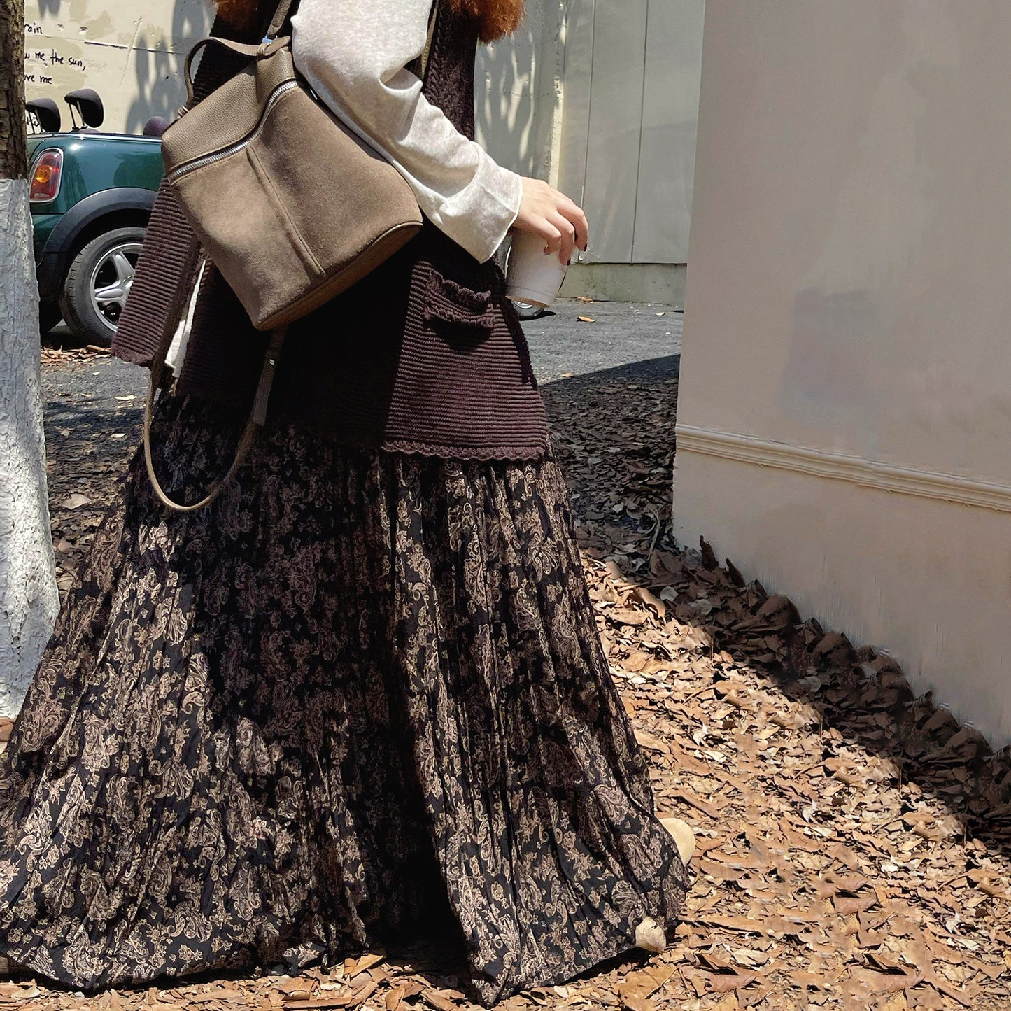 【ボトムス】レトロ風 ハイウエスト スリム見え フレアロングスカート 花柄プリーツ デザイン性スカート【SHシリーズ】