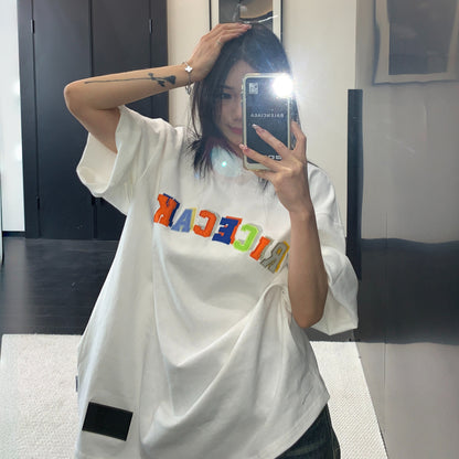 【トップス】ドーパミンカラー  ミニマル ワッペン刺繍 オーバーサイズ  Ｔシャツ  【FCシリーズ】