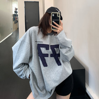 【トップス】ヴィンテージ数字刺繍ロンT レディース ウォッシュ加工 配色 オーバーサイズ 長袖Tシャツ【FCシリーズ】