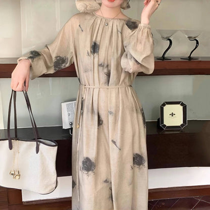 【ワンピース】春秋 レトロ 気質よい プリント シャーリング 着痩せ 長袖ワンピース