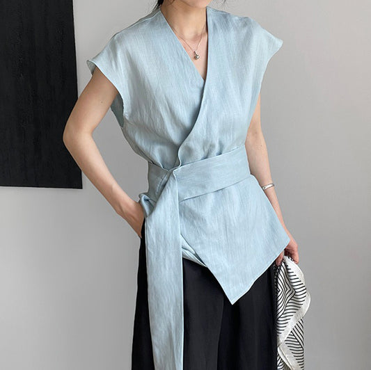 【トップス】夏のゆったりとした雰囲気 気品ある調整可能ウエスト Vネック シャツ【JZシリーズ】