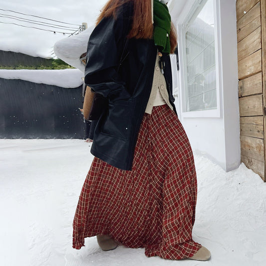 【ボトムス】レトロチェック 裏起毛  ロングスカート 秋冬 新作 ゆったり 細見え フレア【SHシリーズ】