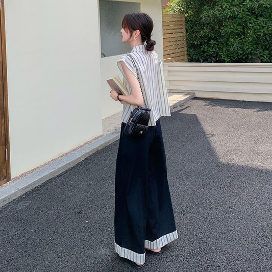 2点セット！【セットアップ】クール系大人カジュアル✨ストライプシャツ＋ワイドパンツ レディース 夏 トレンド おしゃれモード感上下セット【JZシリーズ】