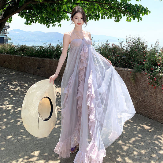 【ワンピース】フリル キャミワンピース レディース 夏 パープル ロングワンピース フェミニン ガーリー リゾート 沖縄旅行【SHシリーズ】