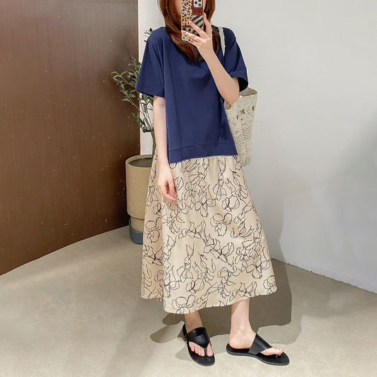 【ワンピース】カジュアル フェイクレイヤード ラウンドネック Tシャツドッキング 切替デザイン ゆったり ロングワンピース 夏新作【JZシリーズ】