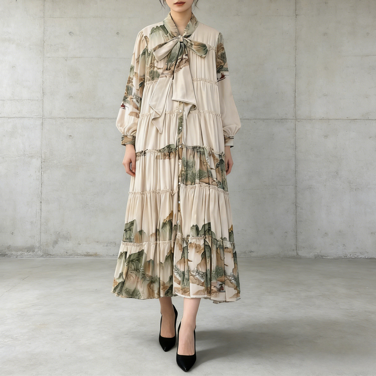 【ワンピース】プリントVネック お腹周りカバー フリル 長袖 ワンピース 【SHシリーズ】