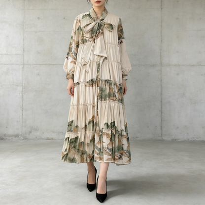 【ワンピース】プリントVネック お腹周りカバー フリル 長袖 ワンピース 【SHシリーズ】