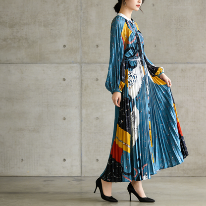 【ワンピース】ラウンドネック サテン プリント プリーツ 長袖 ワンピース 【SHシリーズ】