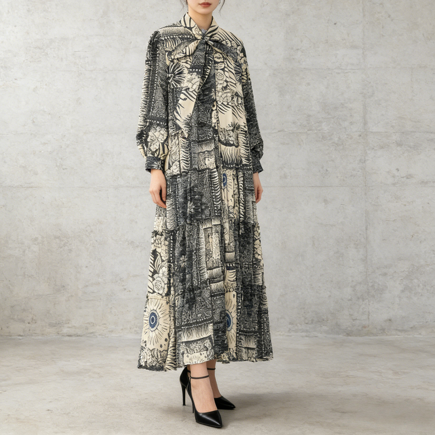 【ワンピース】プリントVネック お腹周りカバー フリル 長袖 ワンピース 【SHシリーズ】