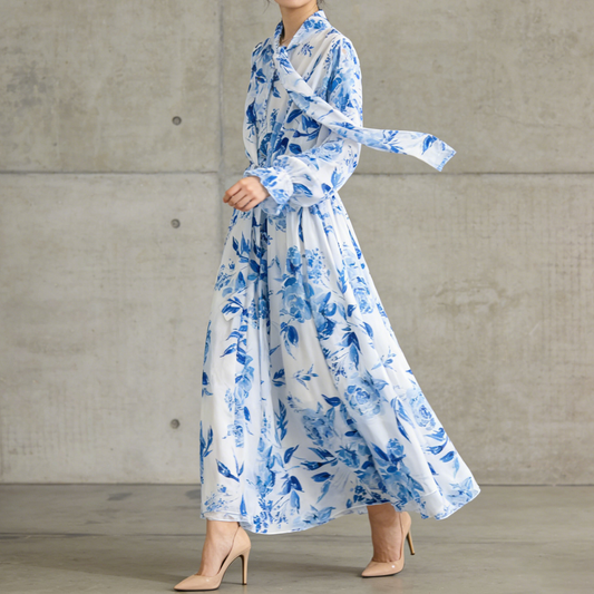 【ワンピース】フレンチエレガンス 気質 レディース シフォン 長袖ワンピース 蝶結びネック フレア 大人可愛い【SHシリーズ】