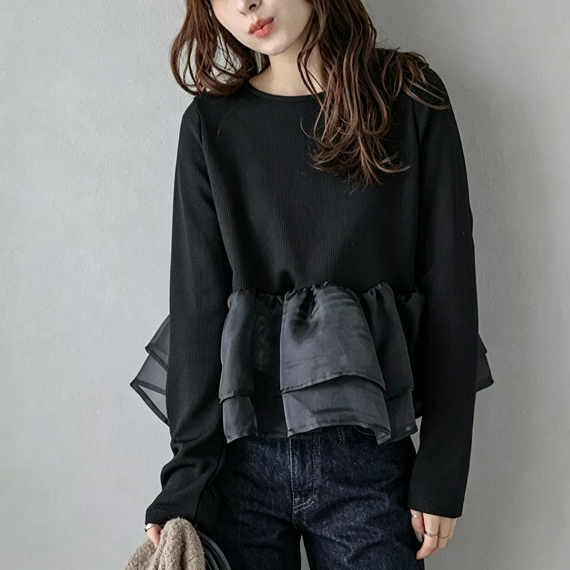 【トップス】韓国風チュール切替カットソー レディース 秋新作 長袖 レイヤード風 ゆったり【JZシリーズ】