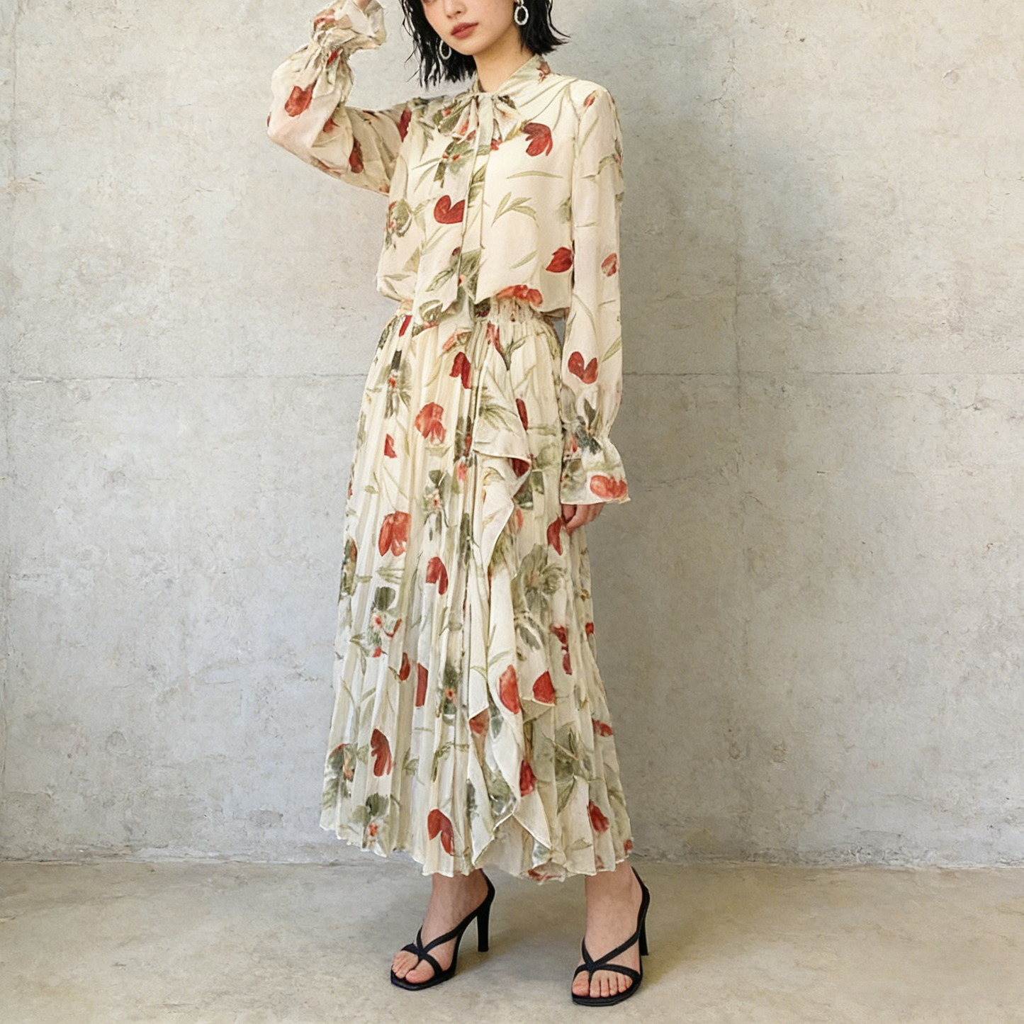 期間限定⭐️60%OFF【ワンピース】リボン付き シフォン ハイウエスト 小花柄 長袖 ワンピース 【SHシリーズ】